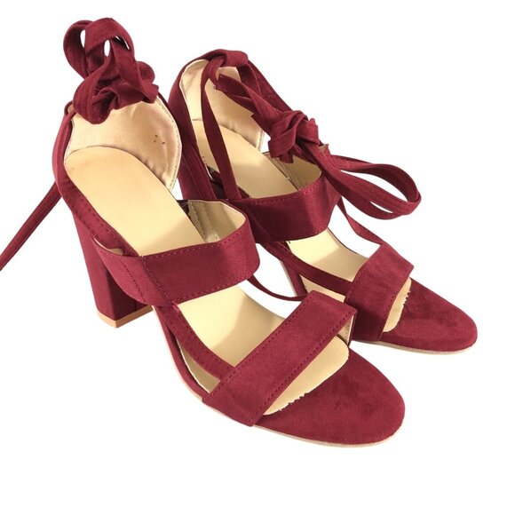 Womens Heels Strappy Lace Up Block Heel Open Toe Faux Suede Red Size 40 US 9 - Picture 1 of 5